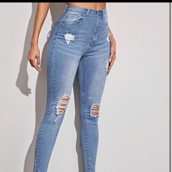 Blue high waisted skinny jeans with rips - Picture 3 of 4